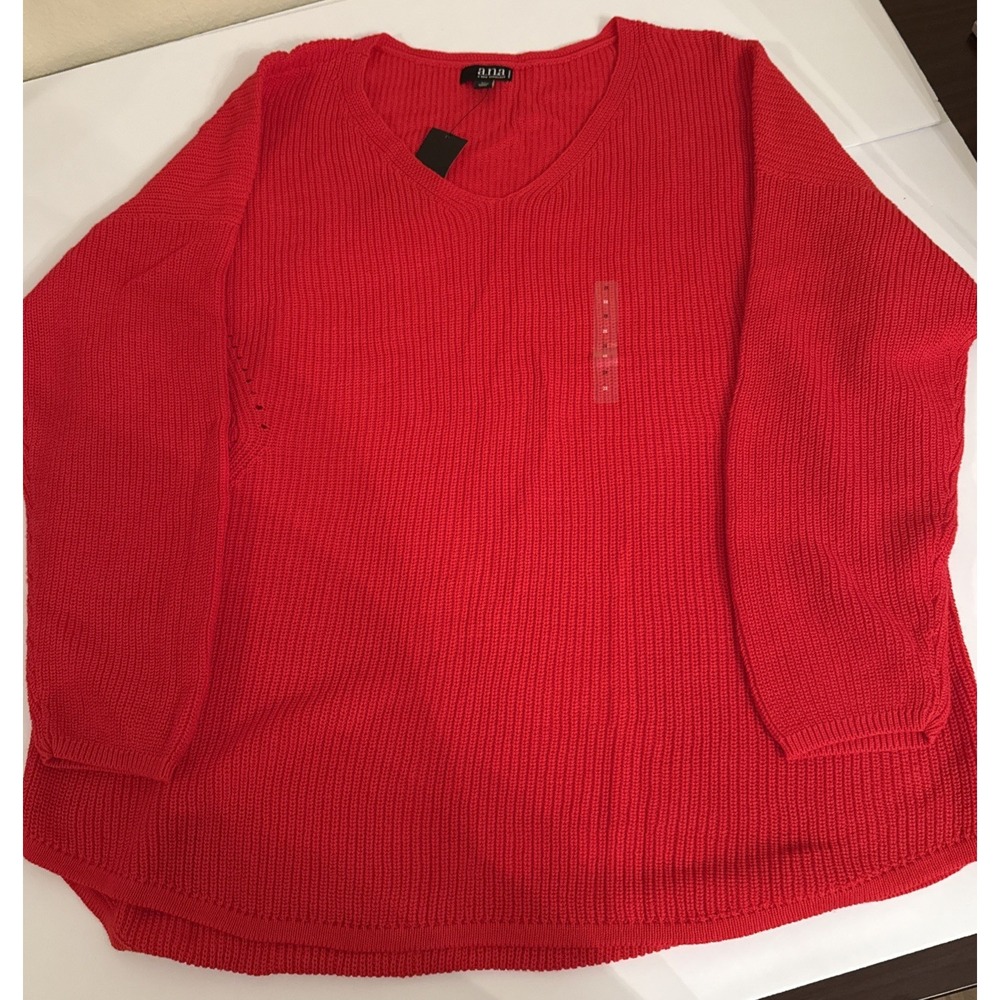a.n.a Women Plus Size 2X Red Open Knit Sweater V-Neck Cotton Pullover Top